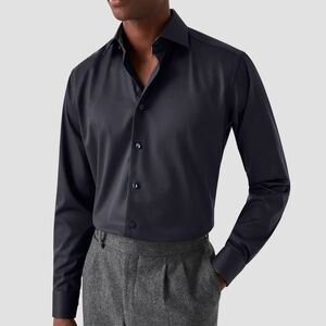 Eton Navy Signature Twill Paisley Effect Button Up Shirt 37 14.5 Cotton Slim Fit